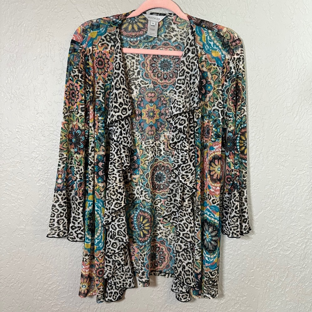 Multiples Cardigan M Multi Floral Leopard Print Ruffle Open Front Sheer Top